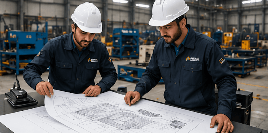 Pithal engineers reviewing technical blueprints